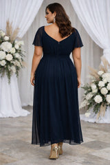 Plus Size Navy Wrap Evening Dress in navy, suitable for formal events and wedding guest occasions, with sleeves