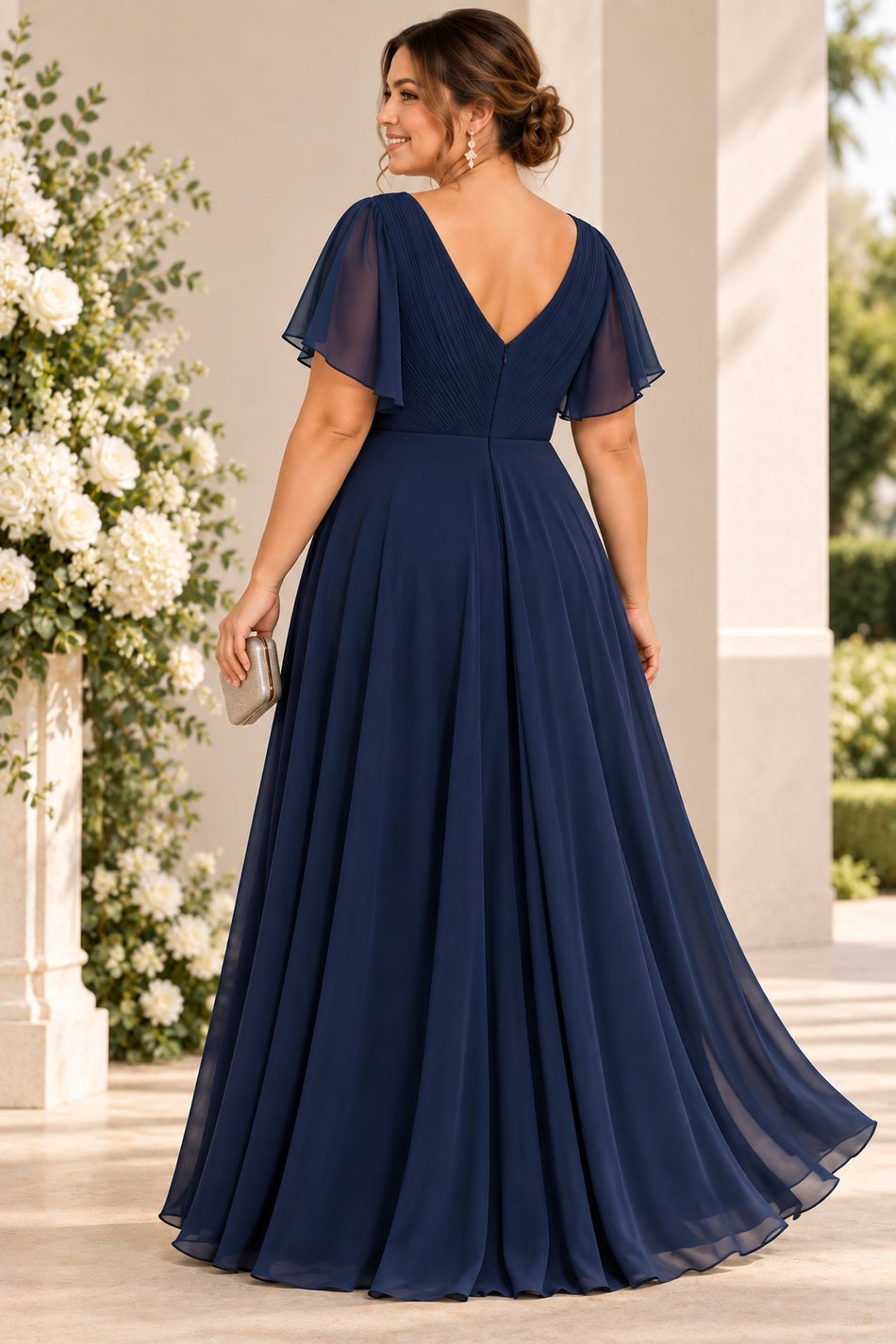 Back view of a plus size woman wearing a navy maxi formal dress with V-shaped back, flutter sleeves and flowing A-line skirt.