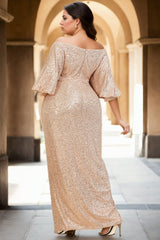 Plus Size Off Shoulder Gold Gown - Back View