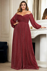 Plus Size Off Shoulder Long Sleeve Evening Dress - Red