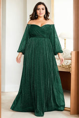 Plus Size Off Shoulder Long Sleeve Evening Dress - Green