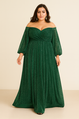 Woman wearing a plus size green off-shoulder gown
