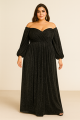 Woman wearing a black plus size off-shoulder gown