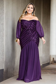 Plus Size Off Shoulder Long Sleeve Evening Dress - Purple