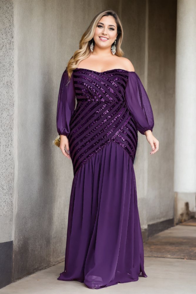 Sylvia Plus Size Off Shoulder Long Sleeve Evening Dress– Hello Curve