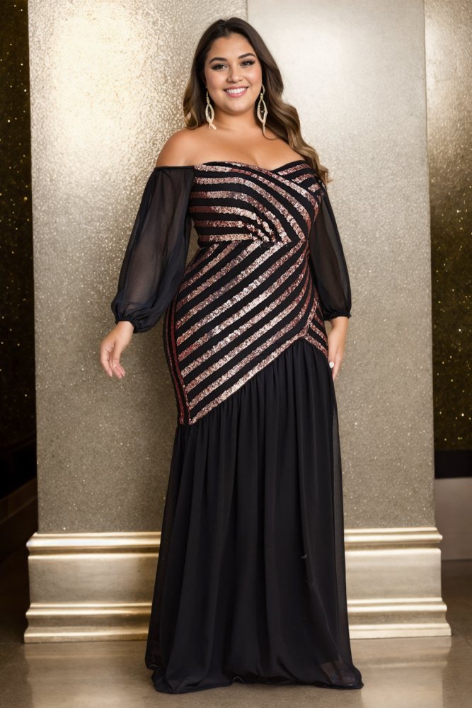 Sylvia Plus Size Off Shoulder Long Sleeve Evening Dress– Hello Curve