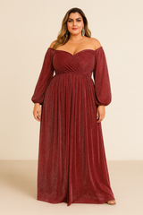 Plus size woman wearing a burgundy plus size off-shoulder gown