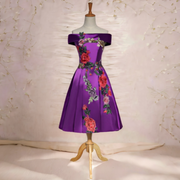 Plus Size Off Shoulder Oriental Flowers Dress - Purple