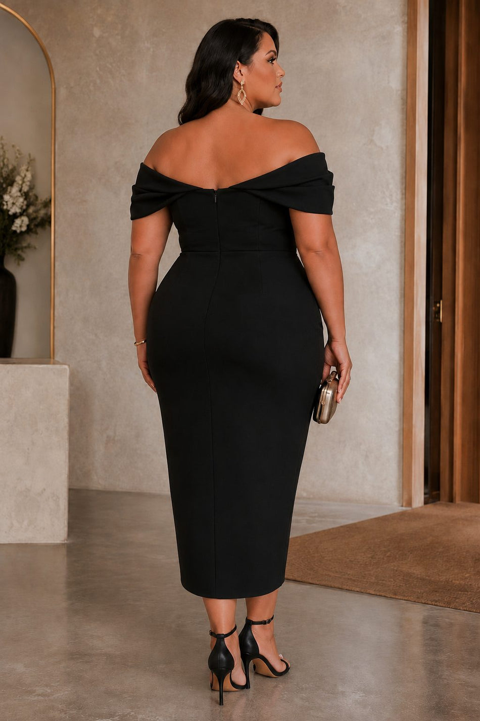 Back view of Plus Size Off Shoulder Wrap Cocktail Midi Dress in black showcasing the elegant off shoulder neckline, fitted midi silhouette, suitable for cocktail parties and wedding guest.