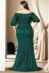 Plus Size Off Shoulder Wrap Gown - Green Back View