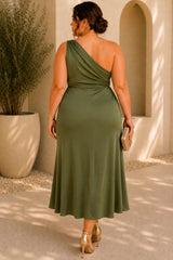 Back view of a plus size olive green one shoulder cocktail dress with elegant draped shoulder detail and softly flared midi skirt.