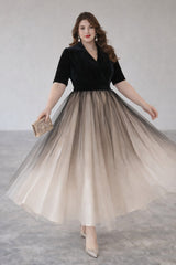 Plus Size Evening Maxi Dress in black and gold, suitable for formal events and wedding guest wear, romantic tulle ombre style