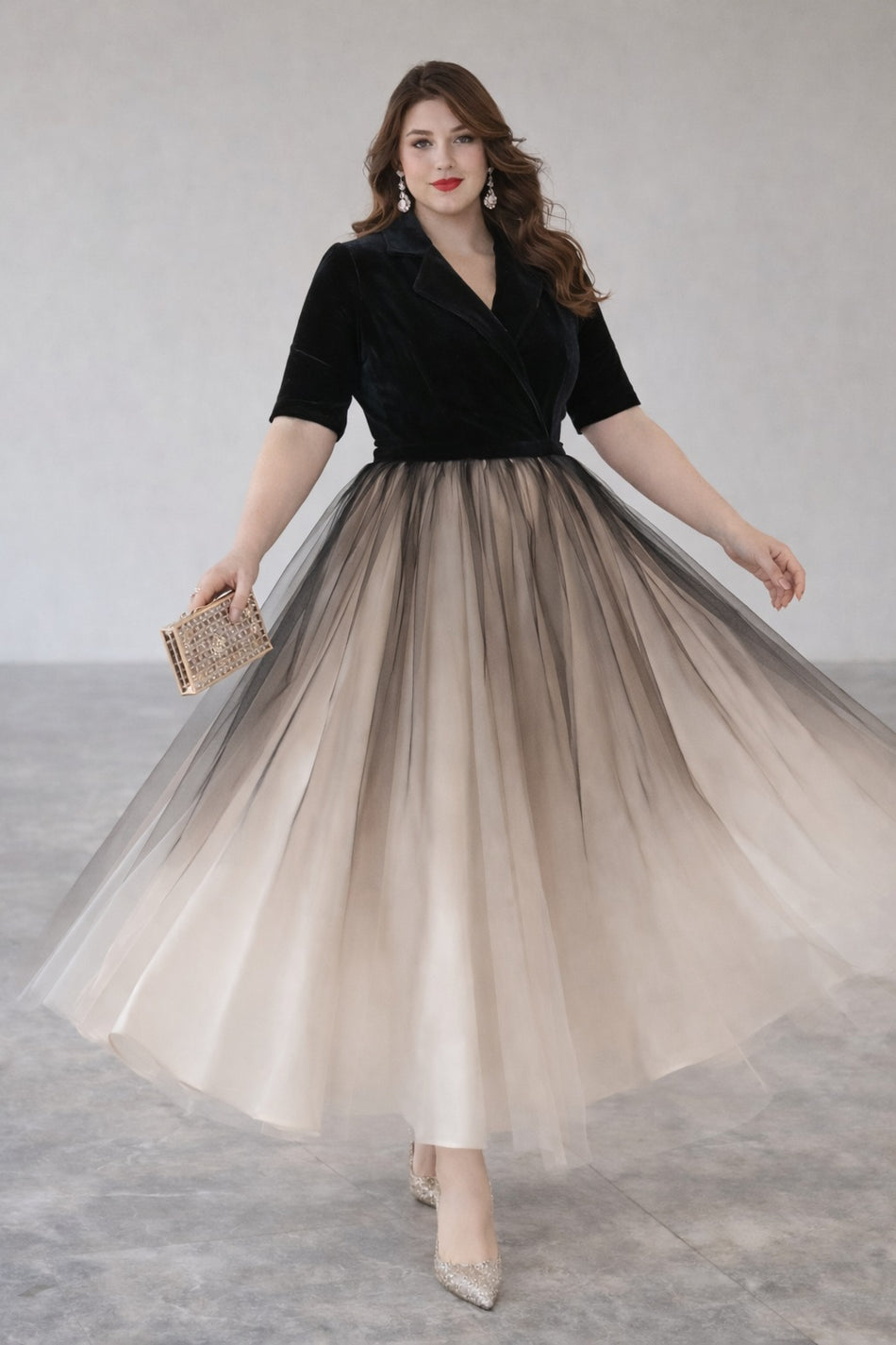 Plus Size Evening Maxi Dress in black and gold, suitable for formal events and wedding guest wear, romantic tulle ombre style