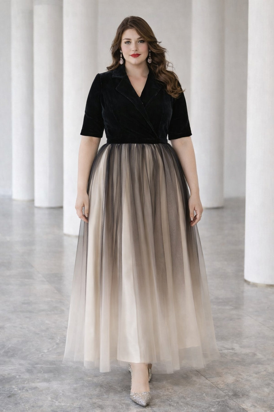 Plus Size Evening Maxi Dress in black and gold, suitable for formal events and wedding guest wear