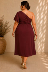 Plus size burgundy one shoulder cocktail midi dress with flattering a line skirt and high waist