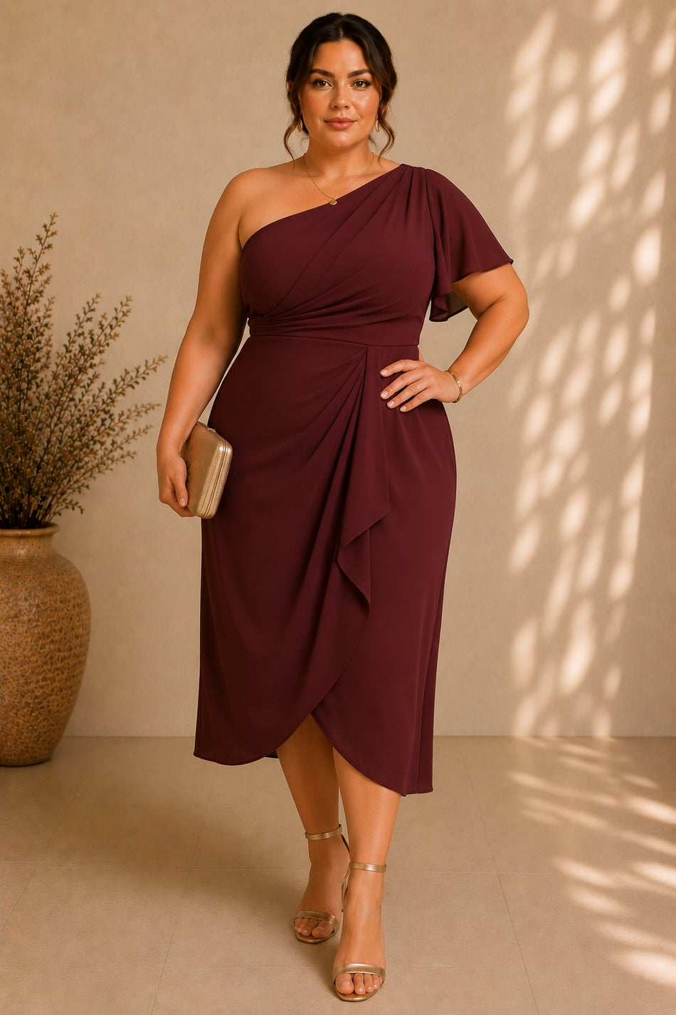Plus size burgundy one shoulder cocktail midi dress with draped waist detail and tulip skirt