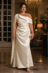 Plus size ivory one shoulder satin evening dress with draped waist and cascading shoulder sash, front view