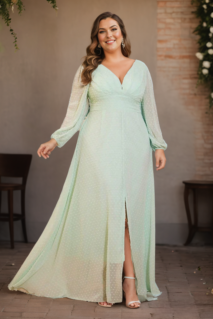 Fable Plus Size Pastel Green Long Sleeve Evening Dress– Hello Curve