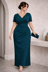 Plus Size Wrap Evening Maxi Dress in peacock blue, suitable for formal and evening events