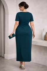 Plus Size Wrap Evening Maxi Dress in peacock blue, suitable for formal and evening events - back view
