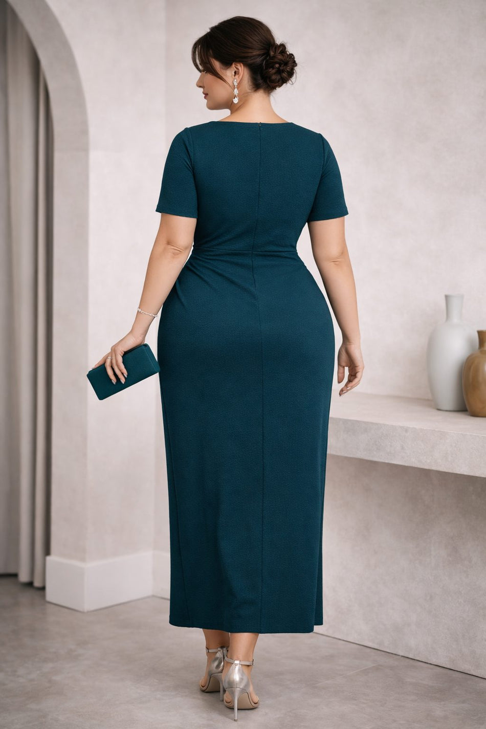 Plus Size Wrap Evening Maxi Dress in peacock blue, suitable for formal and evening events - back view