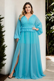  Plus Size Peplum Long Sleeve Gown