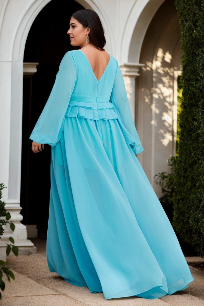 Aubrey Plus Size Peplum Long Sleeve Gown