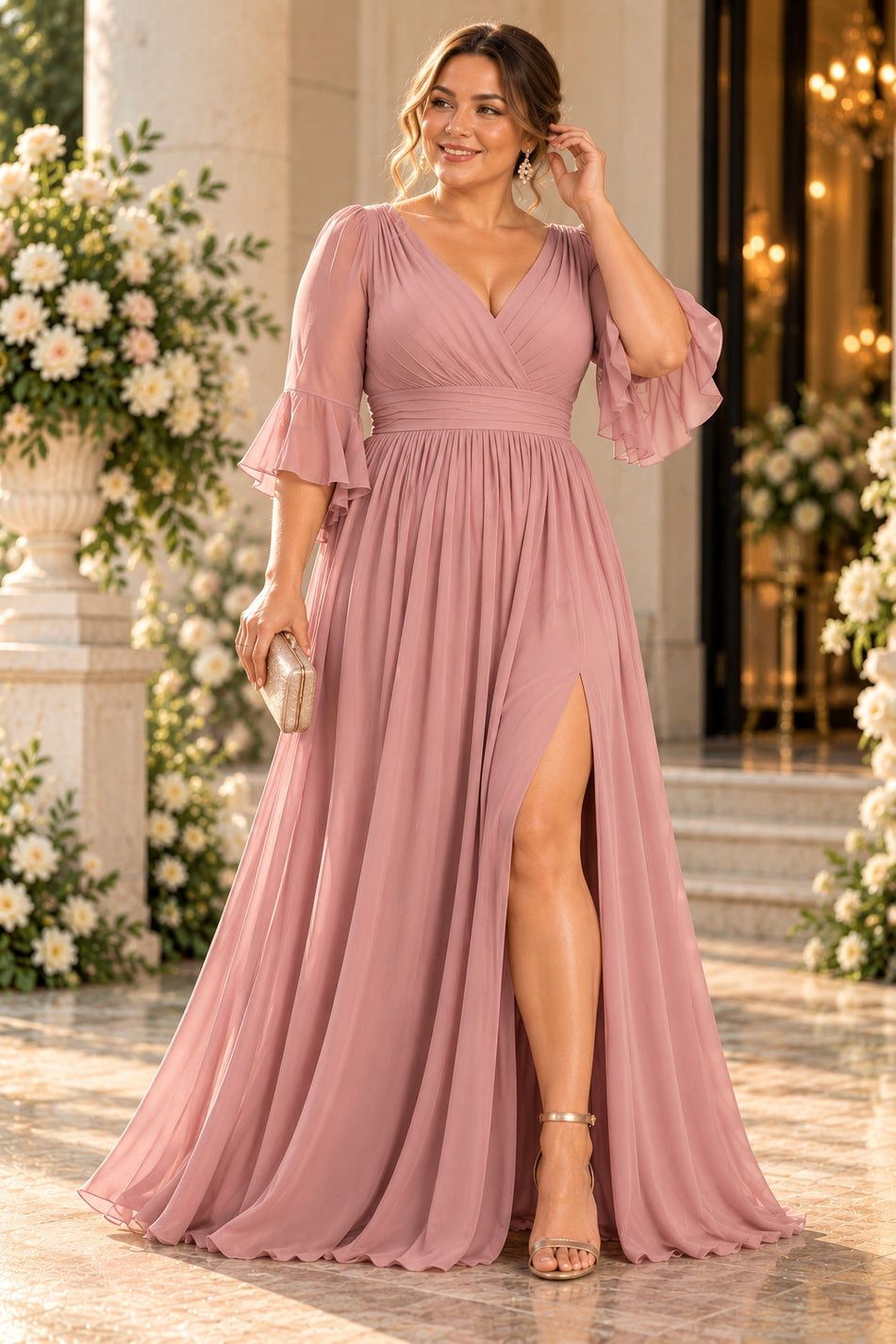 Plus size woman wearing a pink chiffon formal maxi dress with wrap V-neck, 3/4 flutter sleeves and flowing skirt.