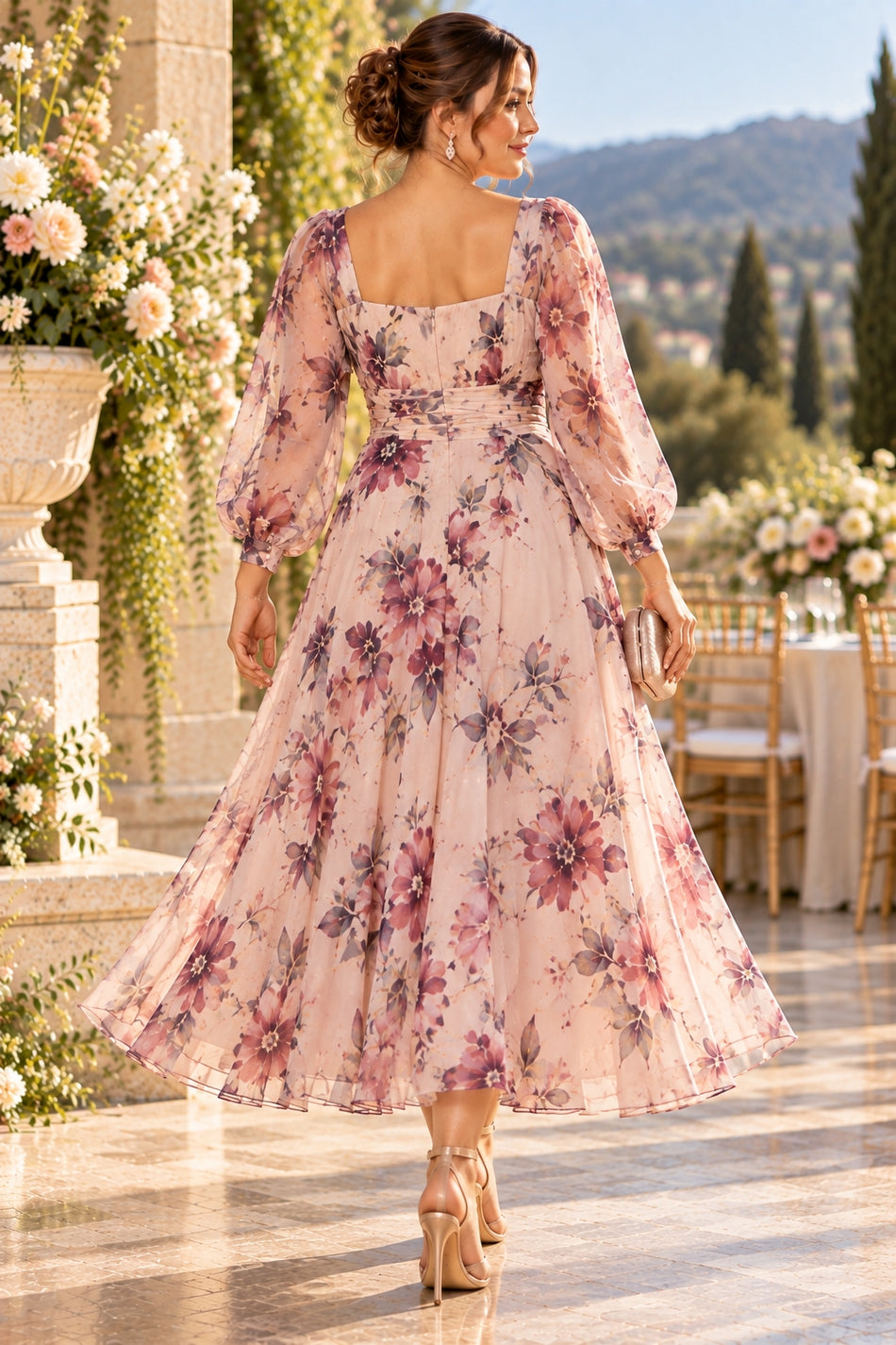 Back view of plus size pink floral tea-length dress with square back, three-quarter sleeves and ruched waist.