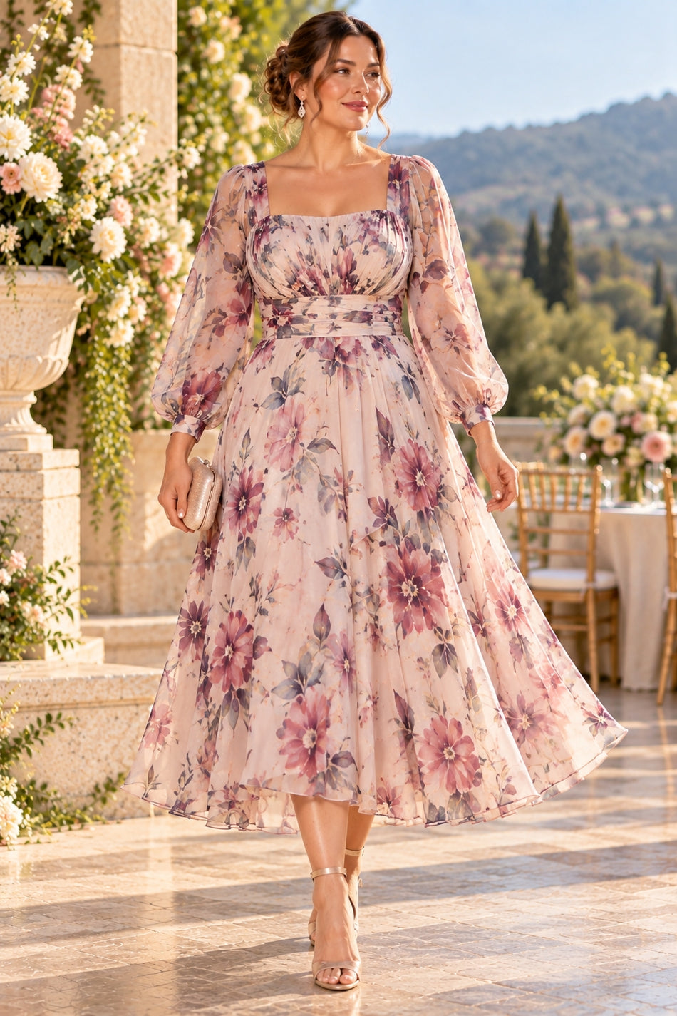 Plus size pink floral wedding guest dress with square neckline, three-quarter sleeves and tea-length skirt, front view.