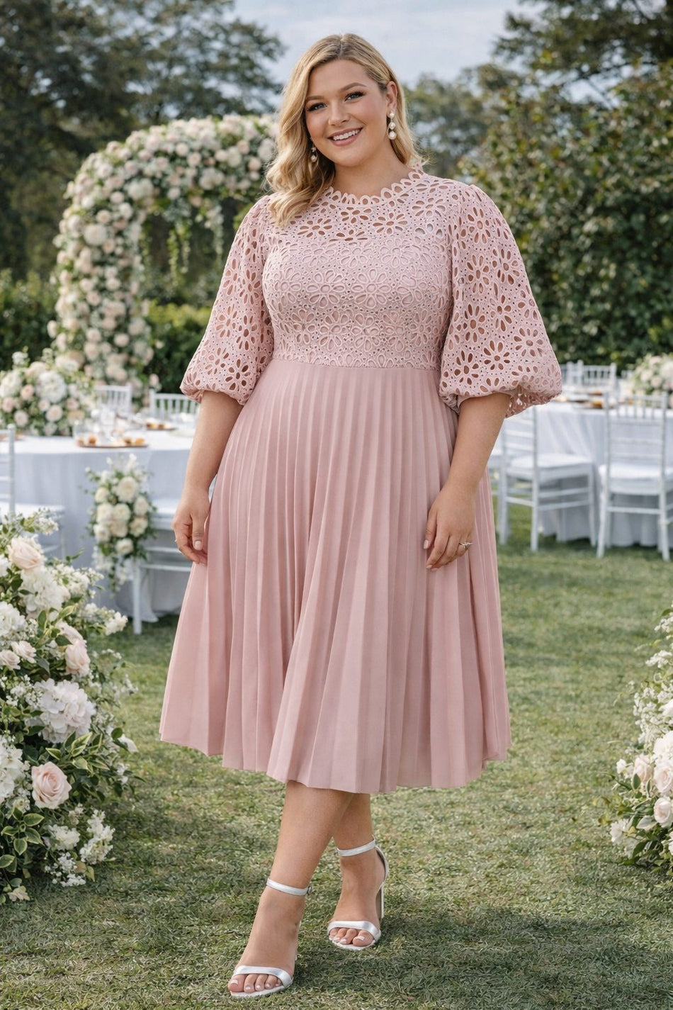 plus size blush pink lace pleated midi dress