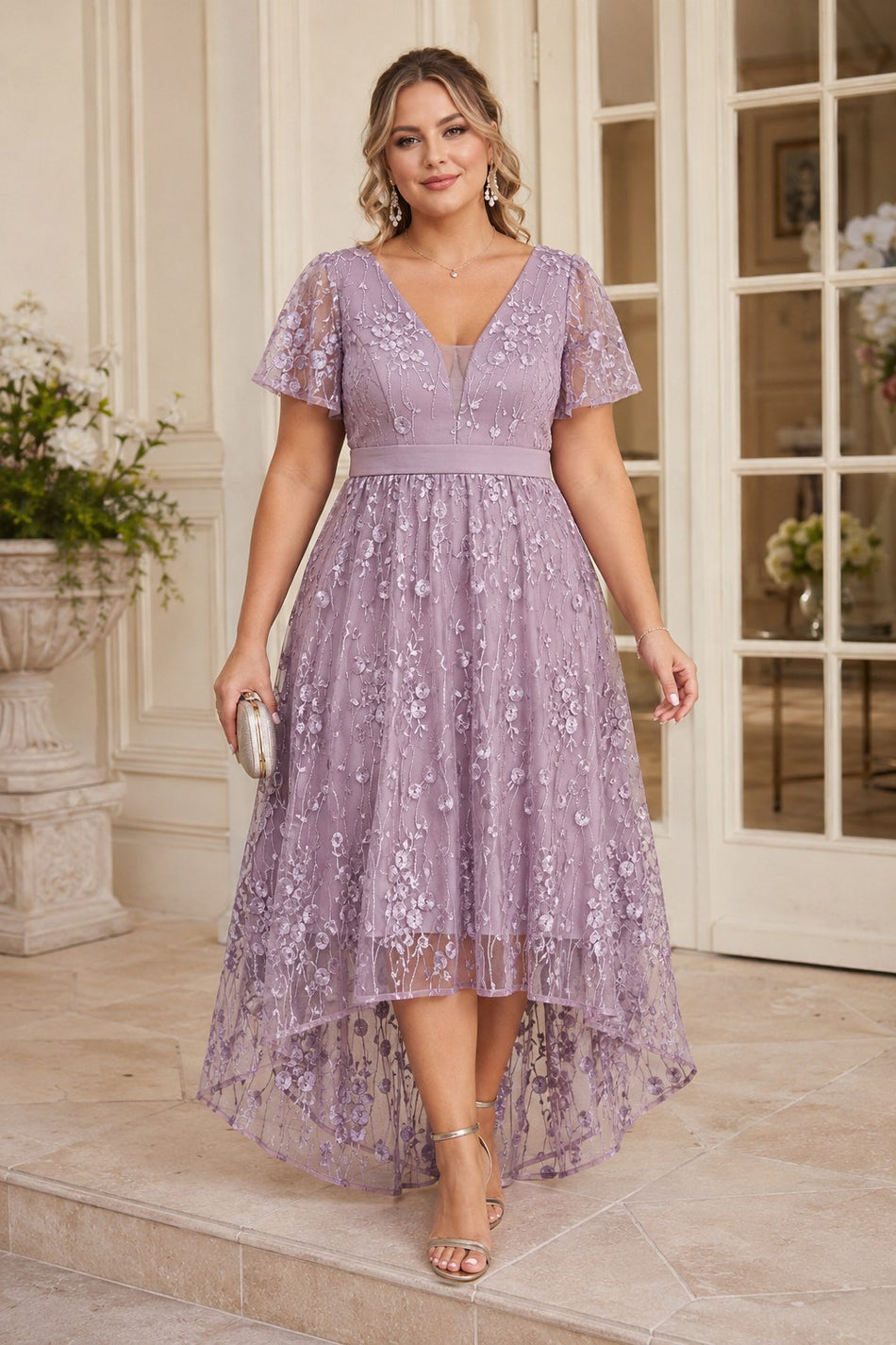 Pink plus size lace wedding guest dress with floral embroidery, V-neckline, sheer flutter sleeves and high-low A-line skirt.