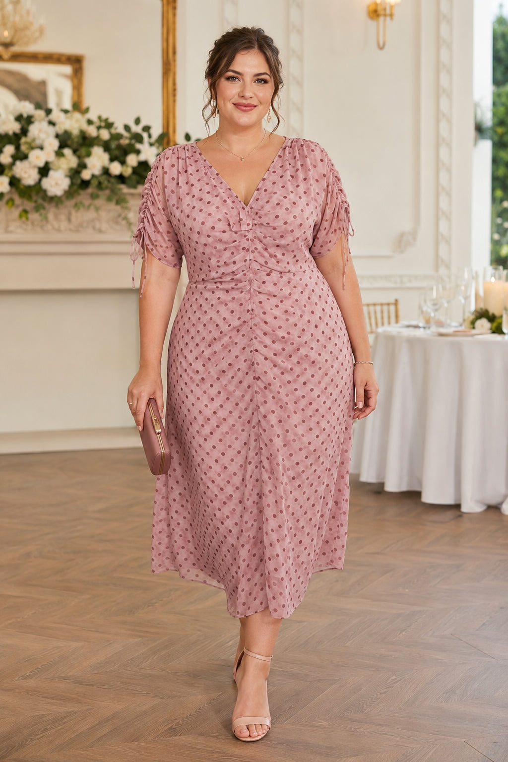 plus size pink midi dress Polka Dot Wedding Guest with Sleeves– Hello Curve silhouette_Asymmetrical Color:Light Pink/Lavender/Ivory 5% Spandex Exquisite Short Sleeves Keyhole