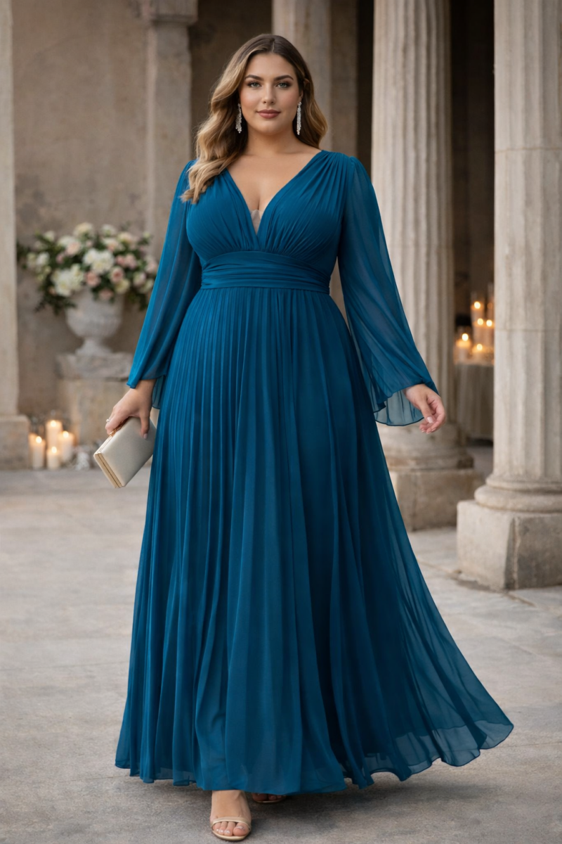 Plus Size Pleated Long Sleeve Maxi Dress in teal blue, suitable for wedding guests and formal evening events