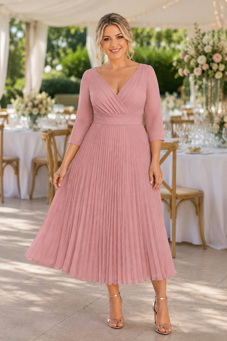 Plus size pleated midi wedding guest dress with sleeves and crossover V-neckline in dusty rose pink
