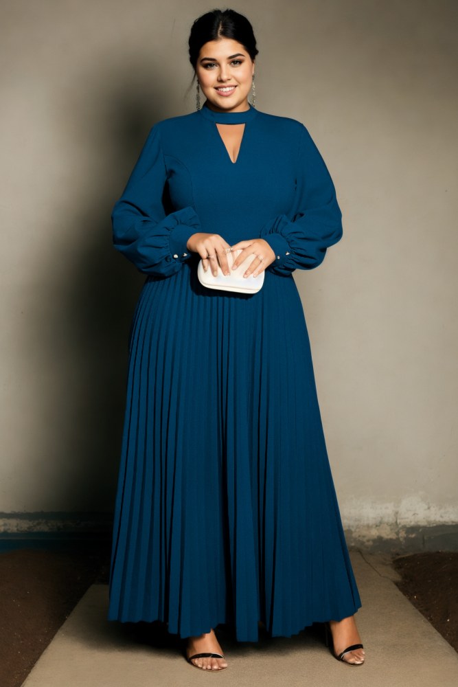 Full Size Pleated Round Neck Maxi Dress Plus Size