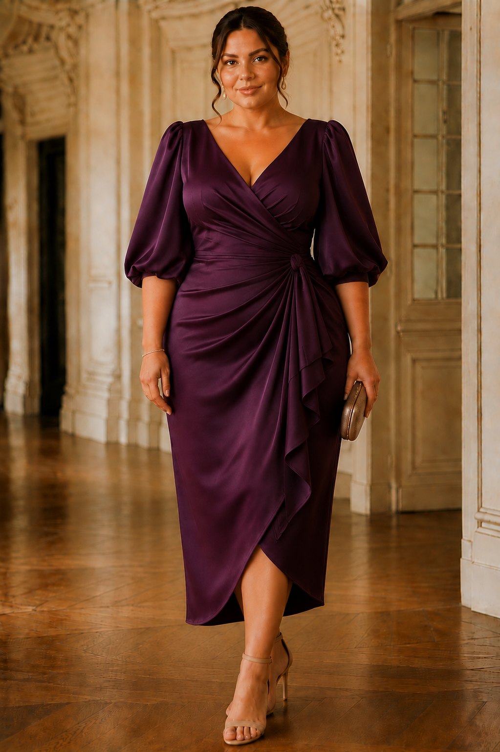 plus size plum cocktail dress Plus Size Pencil Cocktail Midi Dress with Short Sleeves Hello Curve