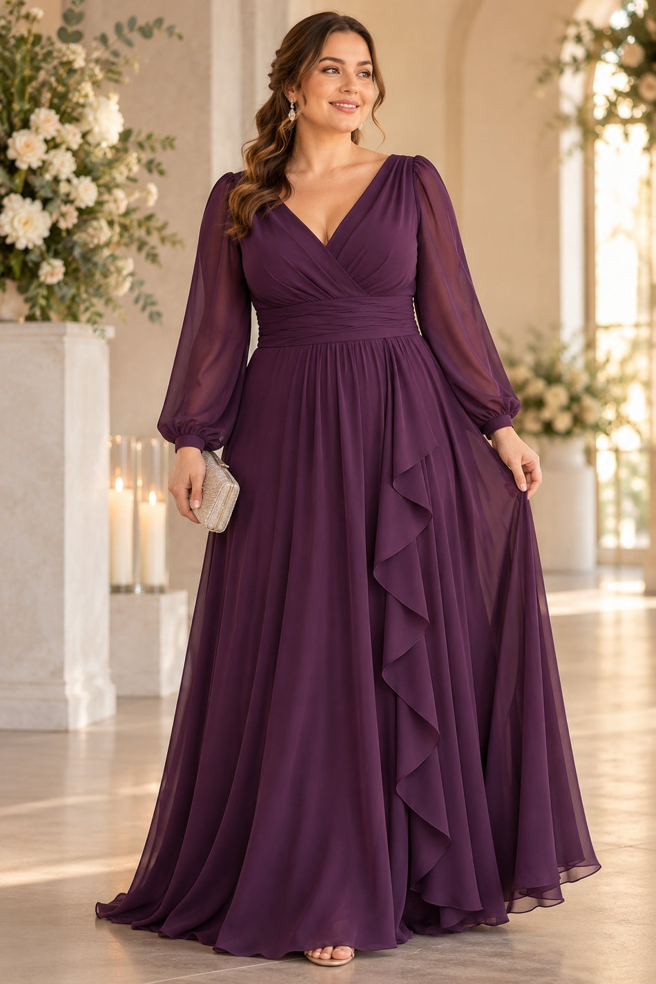 Amarande Plus Size Purple Long Sleeve Formal Dress