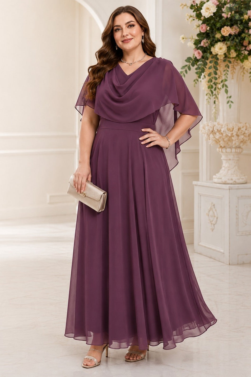 Plus size woman wearing a purple maxi formal dress with draped neckline, flowing cape sleeves, defined waist and A-line skirt.