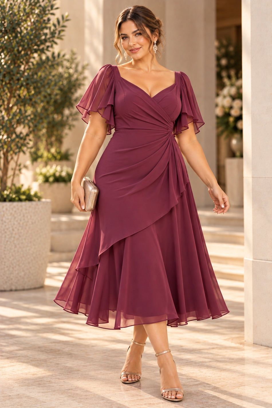 Plus size mauve purple wedding guest midi dress with V-neck, flutter sleeves and draped waist
