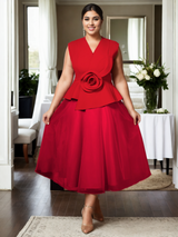 Plus Size Race Day Structured Dress - Red 3D Rose