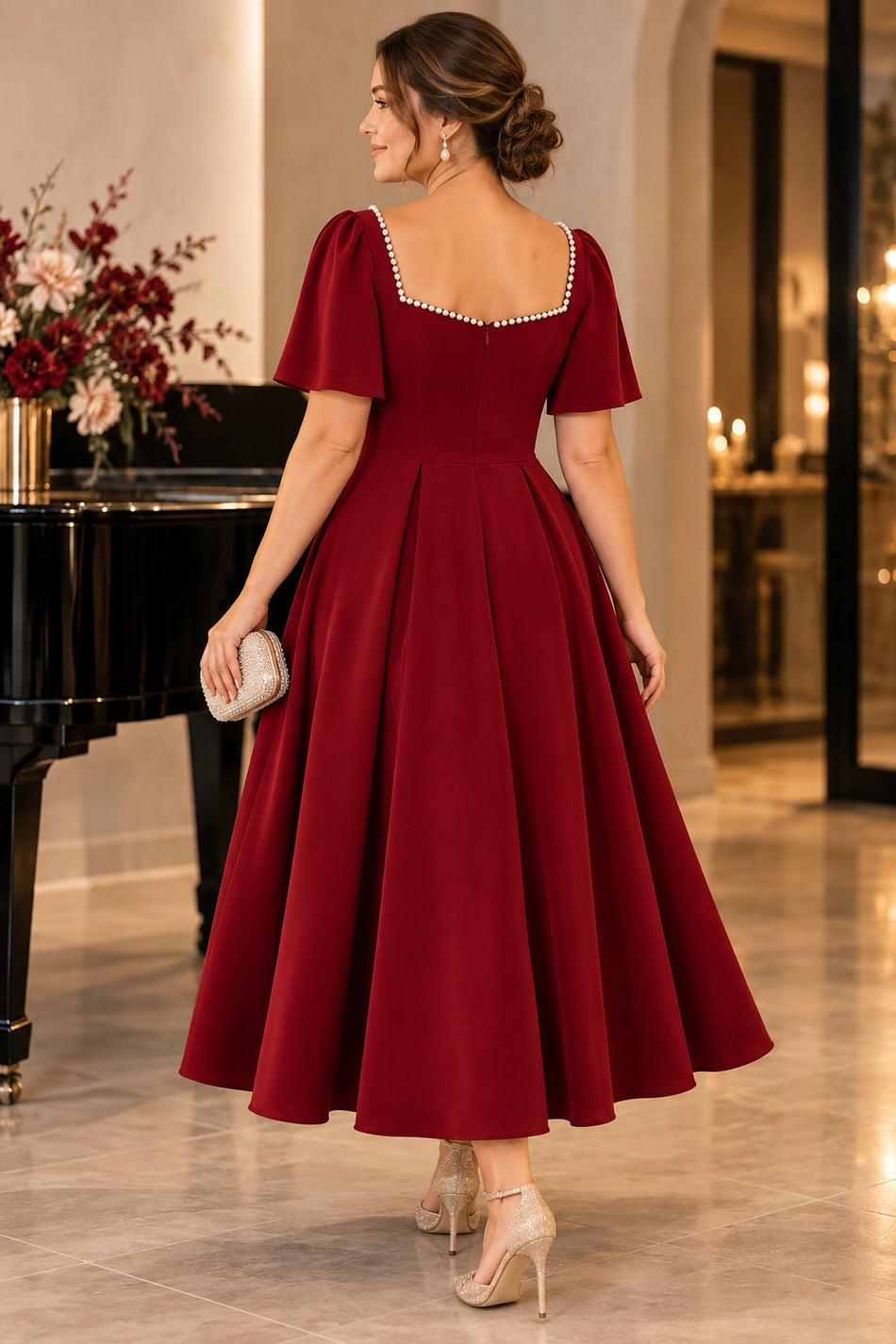 Back view of a red midi cocktail dress with pearl-trimmed square back, flutter sleeves and full fit-and-flare skirt.