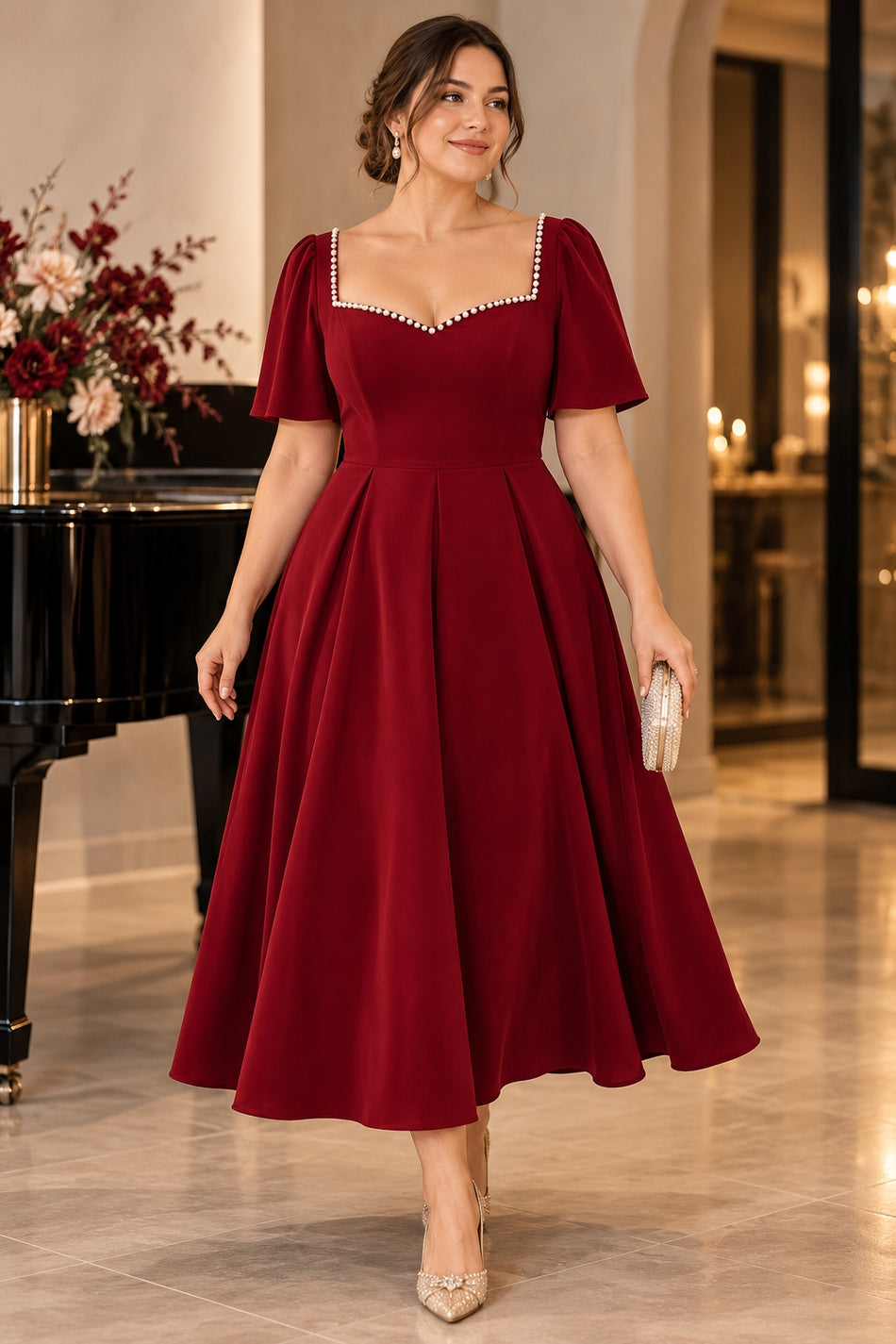Plus size woman wearing a red midi cocktail dress with pearl-trimmed square neckline, flutter sleeves and full skirt.
