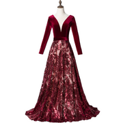 Plus Size Red Filigree Long Sleeve Gown