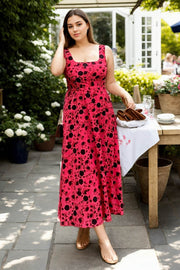Plus Size Pink Floral Retro Midi Dress