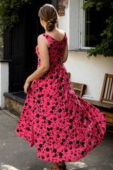 Plus Size Pink Floral Retro Midi Dress - Back View