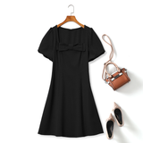Plus Size Ribbon Square Neck Dress - Black Colour