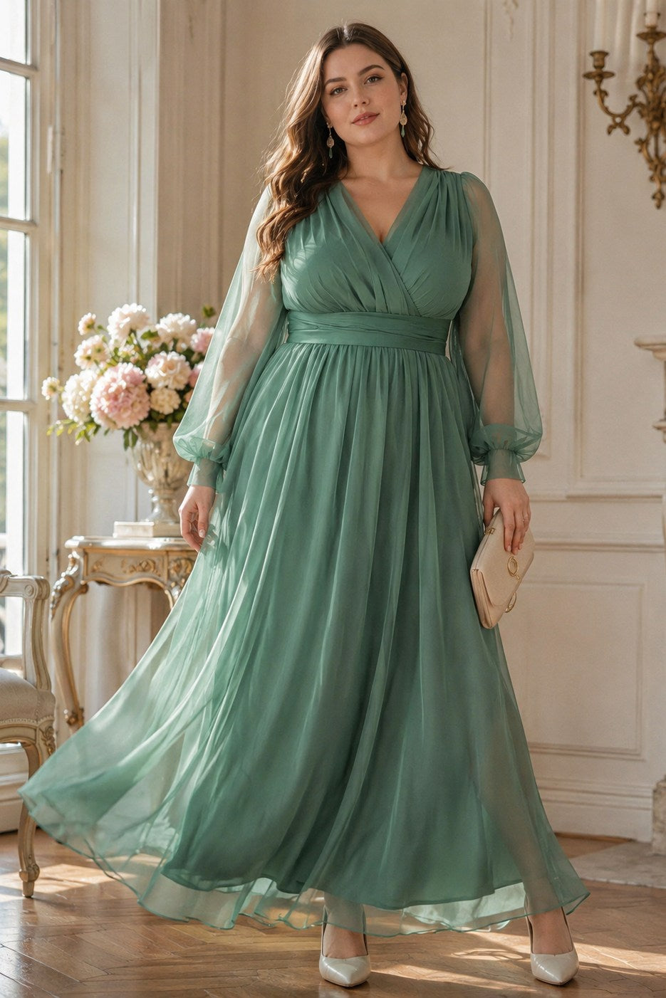 sage plus size formal dress Plus Size Sage Green Chiffon Maxi Dress with Long Sleeves Hello Curve