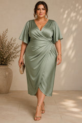 Plus size sage green wrap midi dress with flutter sleeves and draped waist detail