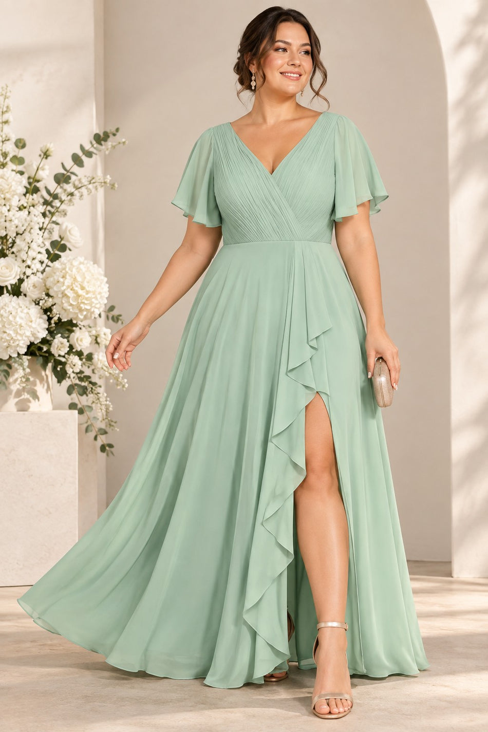 Plus size woman wearing a sage green wrap-style maxi formal dress with V neckline, flutter sleeves and flowing skirt.